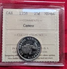I.C.C.S. GRADED 1958 NEAR GEM CANADIAN SILVER CAMEO QUARTER-TWENTY FIVE CENT