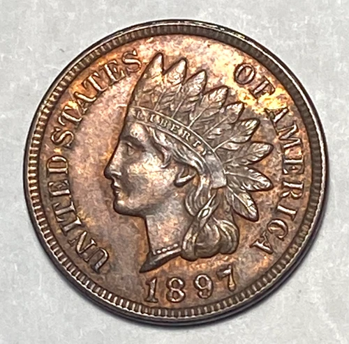 1897 Indian Head Cent ~ AU ABOUT UNCIRCULATED ~ with 4 Diamonds