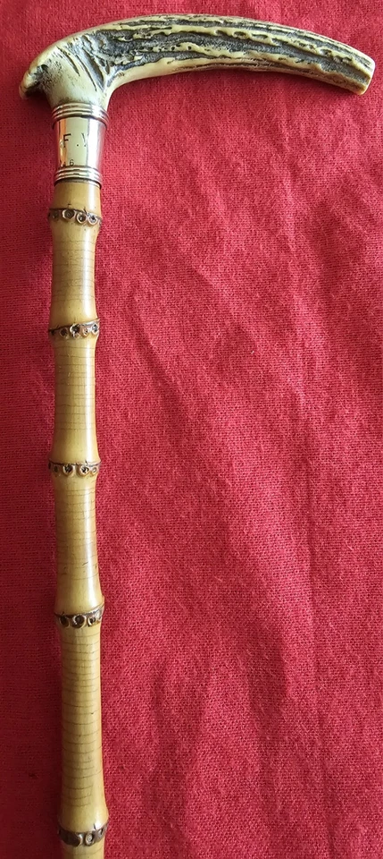 Victorian Antique Walking Stick Presentation Cane Bamboo Antler 14K Gold Collar - Image 3 of 4