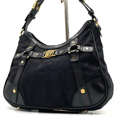 Versace Medusa Leather Shoulder Bag One Shoulder Black Canvas Pattern Auth