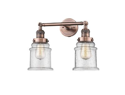 208-AC-G184 2 Light Bathroom Fixture, Canton Shade, Antique Copper Seedy Glass
