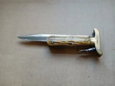 Vintage Unknown Maker Folding Bowie Knife Brass Guard P.C. Works - Stag Handle