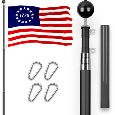 Combo: 16 Ft Telescoping Flagpole Black & Betsy Ross 1776 Flag 3x5 Ft Emb 300D