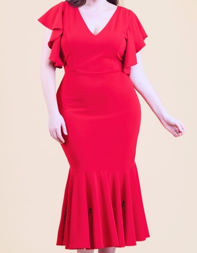 Plus Size Formal Dress, Ruffle Sleeve, V Neck Red Maxi-Dress - Picture 2 of 3