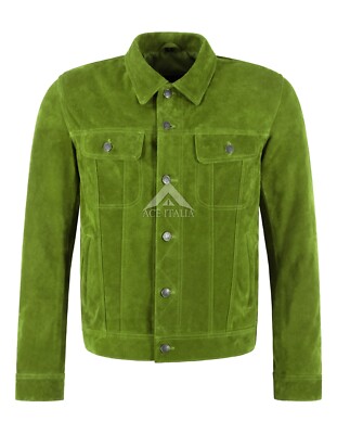 Men's Trucker Suede Leather Jacket Classic Western Shirt Style Denim Look Jacket