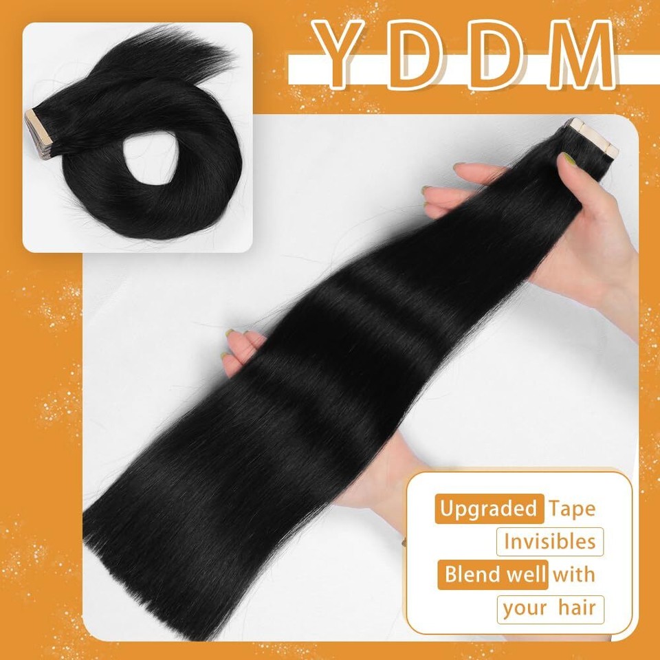 Jet Black Tape in Hair Extensions Human Hair, 20Pcs 20 Inch Tape Ins