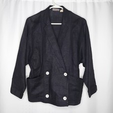 Liz Claiborne Vtg Linen Double-Breast Button Blazer 8P Black Woven Long Sleeve