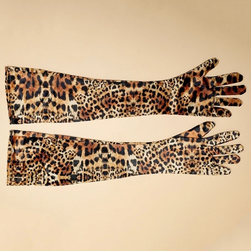 Leopard Print Velvet Dinner Dress Gloves Opera Stage Full Finger Long Gloves - Image 3 of 4