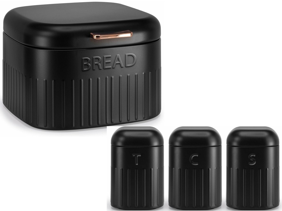 3/4Pc Bread Bin Set Tea Coffee Sugar Jar Canister Food Container Storage  Black
