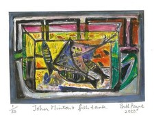 2020 linocut,"Fish in a tank" by Bill Payne.John Minton genre