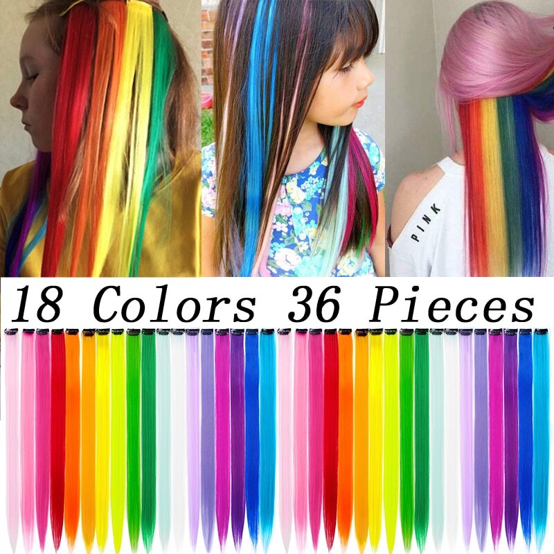 36Packs Synthetic Colored Clip In One Piece Straight Rainbow Hair