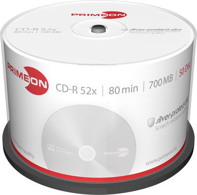 50 Primeon Rohlinge CD-R silver protect disc 80Min 700MB 52x Spindel