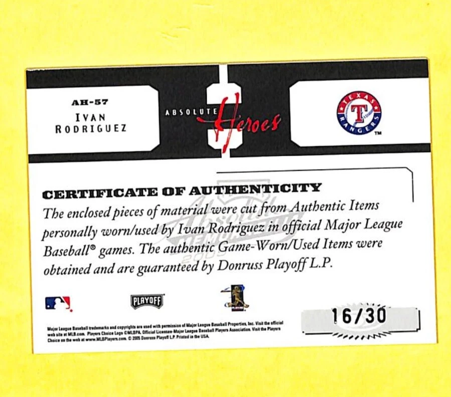 2005 Playoff Absolute Ivan Rodriguez Heroes 16/30 Jersey Cap Bat Card Rangers  - Image 2 of 2