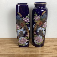 2 Vintage Kutani Interpur Vase Peacock Cobalt Blue & Gold Trim Vases