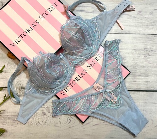 Victoria’s Secret BH Höschen Set Wicked irisierende Stickerei ungefüttert blau - Bild 1 von 8