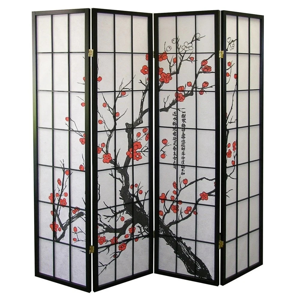 Roundhill Furniture Japanese 4-Panel Screen Room Divider, Plum Blossom - Black