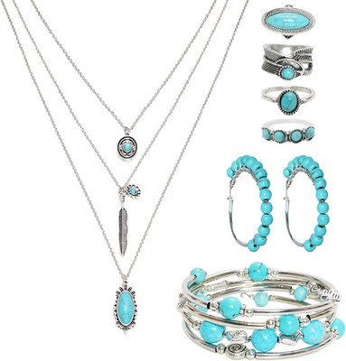 7PCS Bohemian Turquoise Jewelry Set Turquoise Necklace Earrings Rings Western La