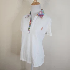 Vintage L-RL Active Ralph Lauren Womens XL White Plaid Trim Polo Shirt Cotton