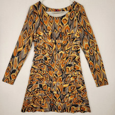 Isle Apparel Ikat Abstract Tiered Mini Dress S Boho Stretch Earthy 70s Retro