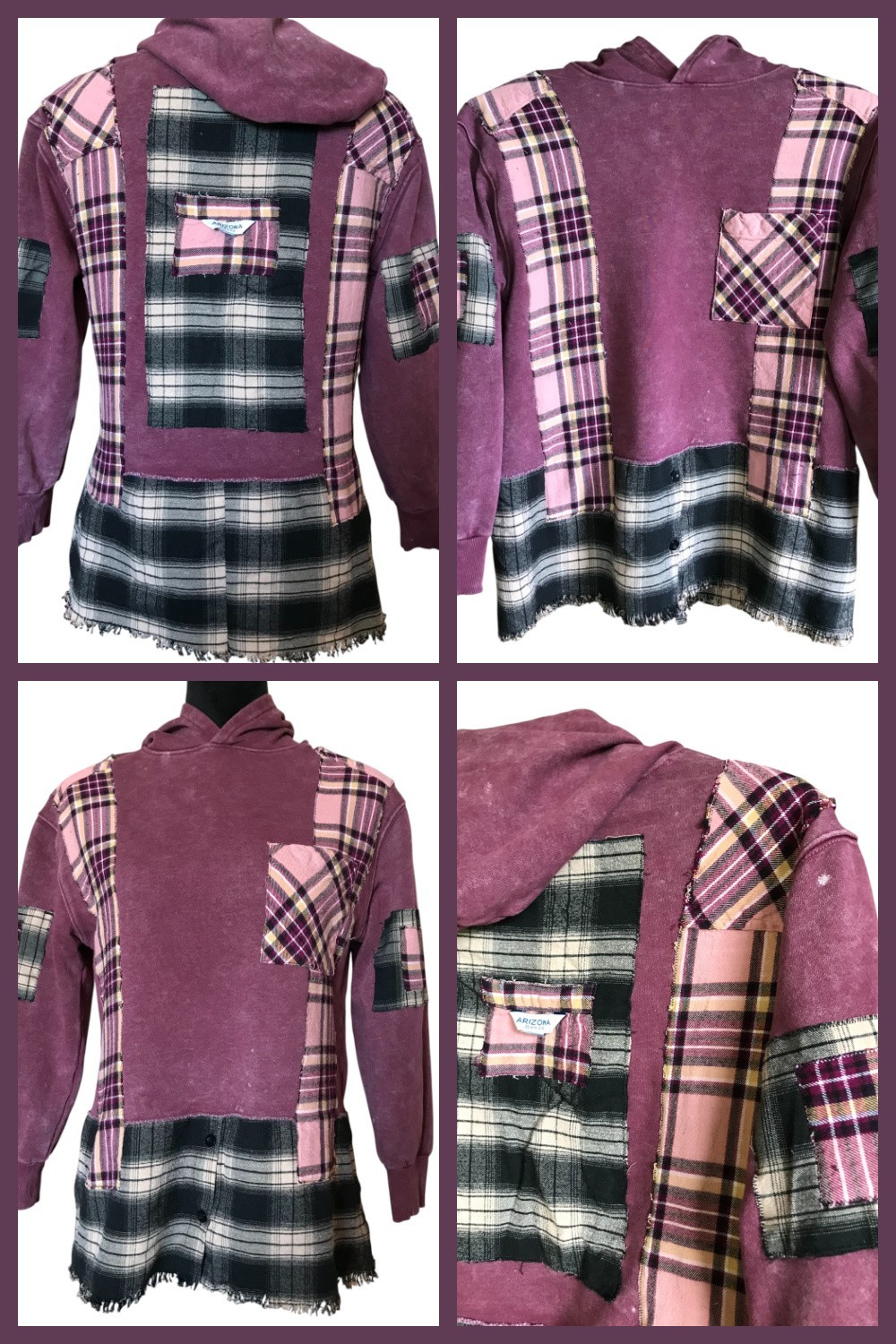 Upcycled Patchwork Hoodie: Distressed Magenta Pla… - image 16