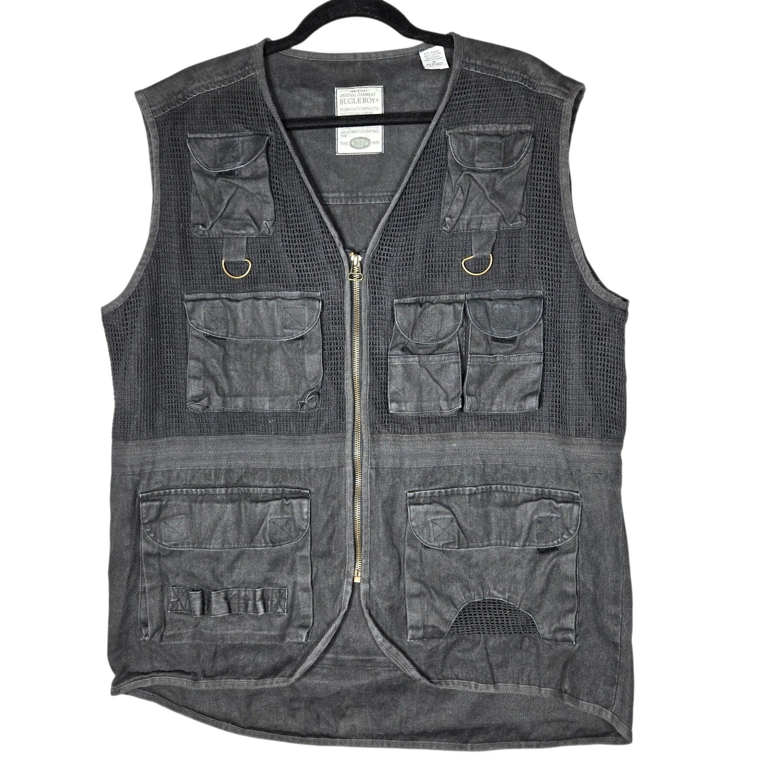 Vintage Bugle Boy Mens M Utility Fishing Vest Black Mesh Multi Pocket Gorpcore