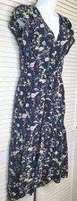 GAP Navy Blue Floral Tiered Midi Dress V-Neck Flutter Sleeve Boho Cinch Waist SM