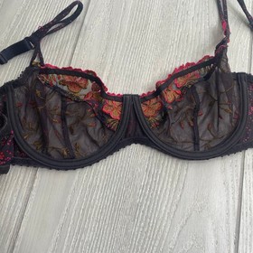 Aubade Paris Black Mesh Floral Embroidered Underwire Half Cup Bra Size 32 A 32A
