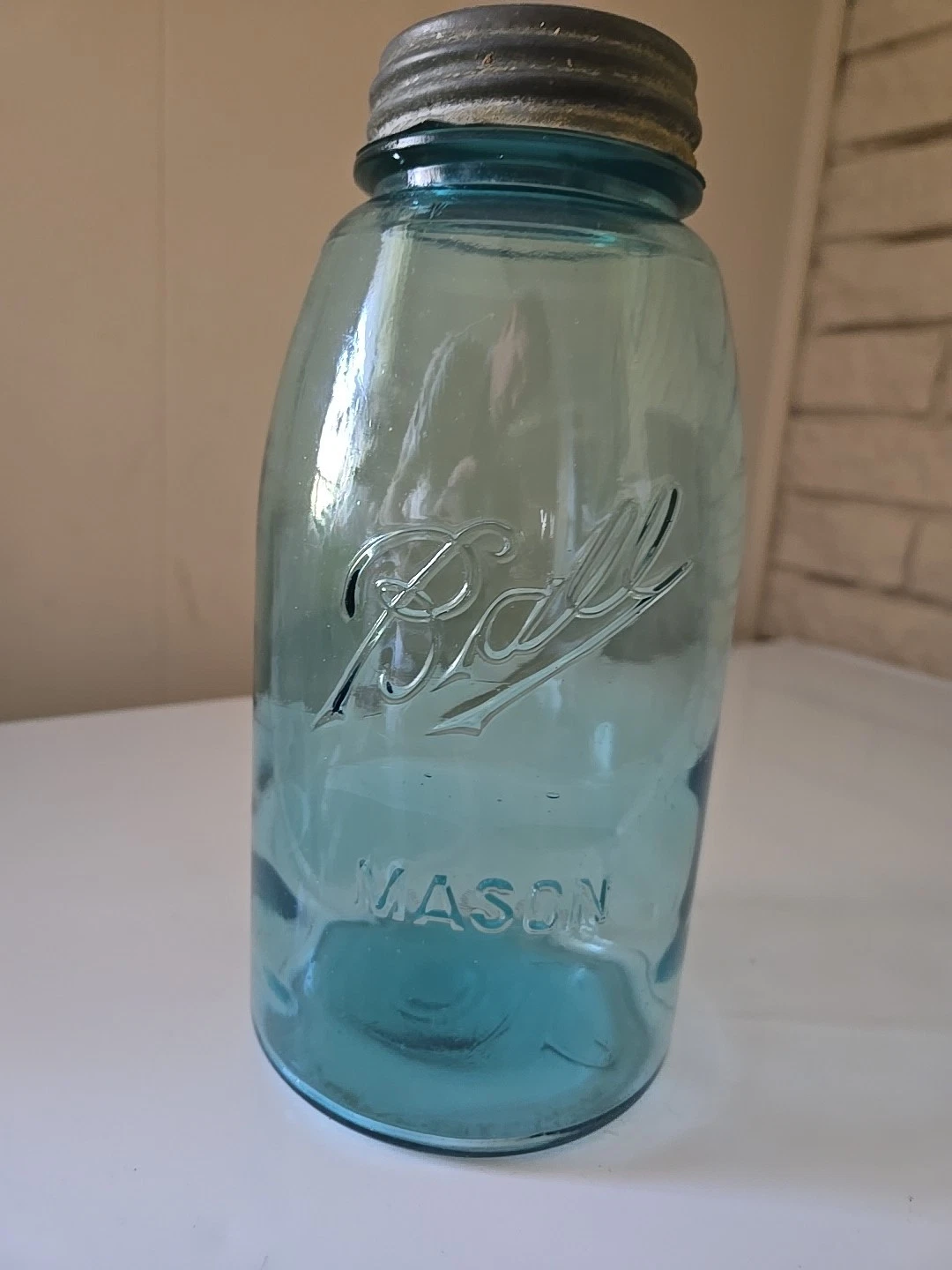Antique BALL Blue Depression Glass 1/2 Gallon Canning Jar White Glass Insert Lid