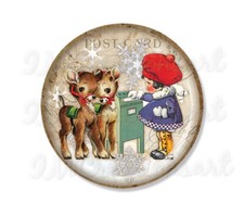 Vintage Christmas Girl Sending Letter Design - Handpressed Magnet or Pin 2.25"