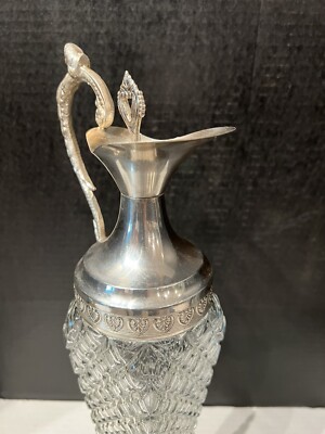 イタリア　アンティーク　Jug Decanter　シルバープレート Vintage Italian Victorian Silver Plated Cut Etched Glass