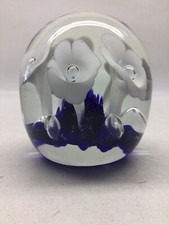 St. Clair Paperweight With White Trumpet Flowers And Cobalt Blue Base