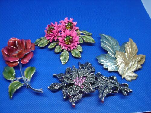 VINTAGE FLOWERS LEAF ROSE JEWELRY PIN LOT OF FOUR… - image 1