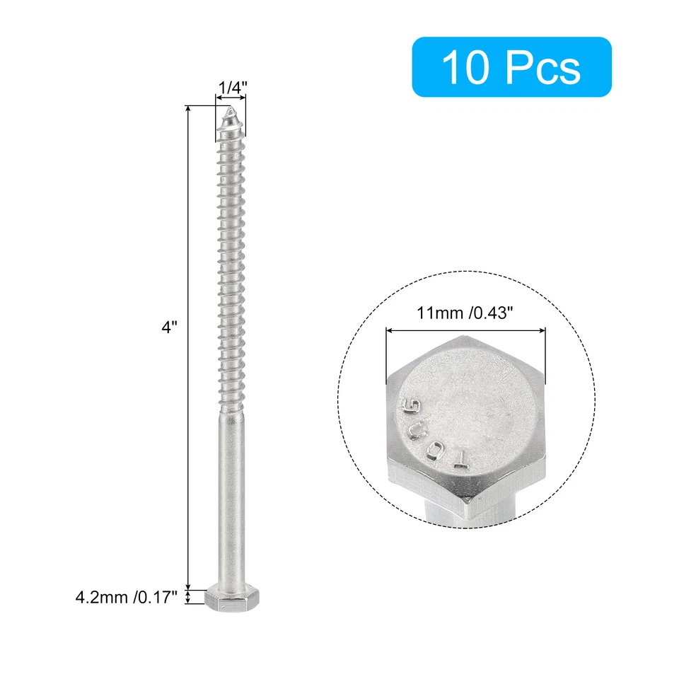 Hex Tête Retard Vis Boulons, 10pcs 1/4" X 4" Inox Acier Filetage Bois Vis - Photo 2/4