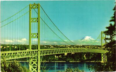 Vintage Postcard- Narrows Bridge and Mount Rainier, Washington.