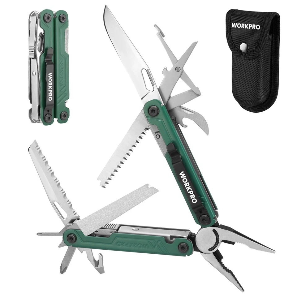 Alicate multiherramienta de acero inoxidable WORKPRO 18 en 1 EDC multiherramienta 2 bloqueo de seguridad verde Foto 2 de 4