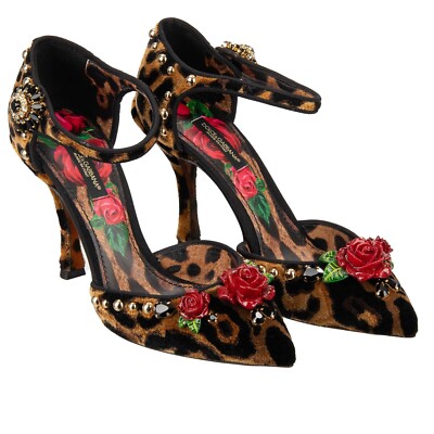 DOLCE & GABBANA Leopard Rose Crystal Studs Velvet Pumps LORI Black