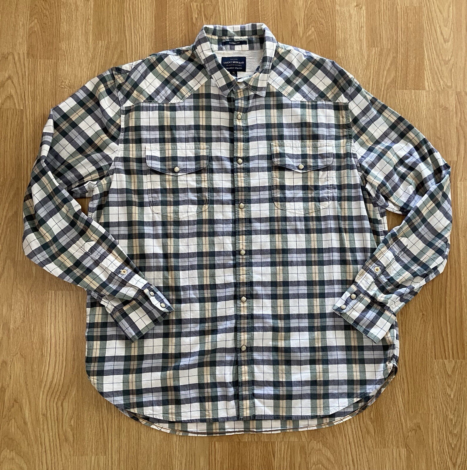 Lucky Brand Pearl Snap Shirt Mens XL Blue Plaid Long Sleeve Western Classic Fit