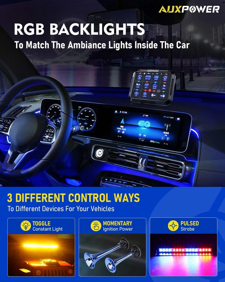 AUXPOWER RGB 12 Gang Switch Panel Kit Led Auxiliary Relay System Marine 12/24V - Image 3 of 4