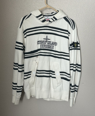 Stone Island x Supreme White/Black Striped Pullover Hoodie Men's M Pockets