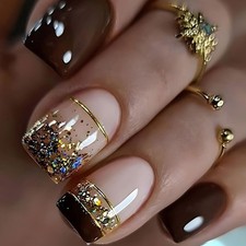 Short Square Press On Nails Brown Gold Glitter Acrylic 24 Pcs