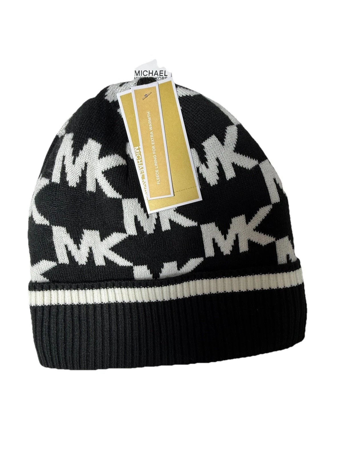 MICHAEL KORS MK SIGNATURE LOGO BLACK WHITE FLEECE LINED BEANIE WOMENS OS NWT $58