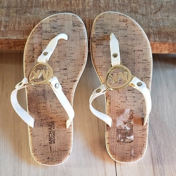 Michael Kors Sandals Womens 36M White Gold Logo Cork Thong Flip Flops