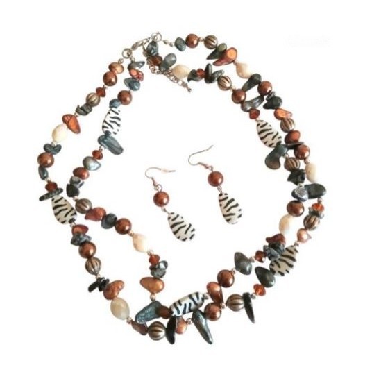 Parure bijoux femme collier 2 rangs pierres zébrées et perles de cuivre