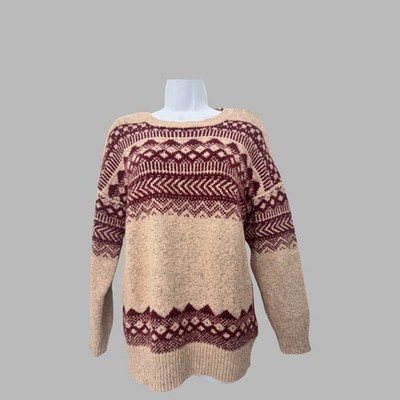 Sky & Sparrow Fair Isle Knit Sweater Women s Medium Oatmeal Burgundy Cozy