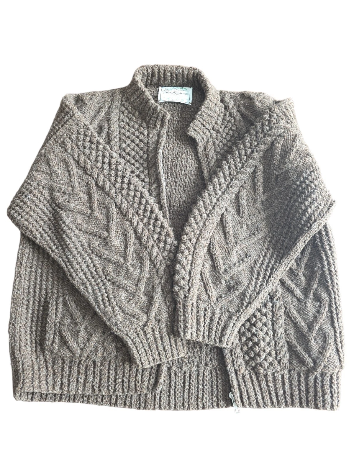 Vintage Erin Knitwear Aran Wool Cardigan Brown Cable Knit Ireland Full Zip Sweat