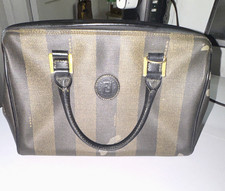 Fendi Brown Black Striped Satchel Top Handle Zip Gold HW Double Handles Pockets