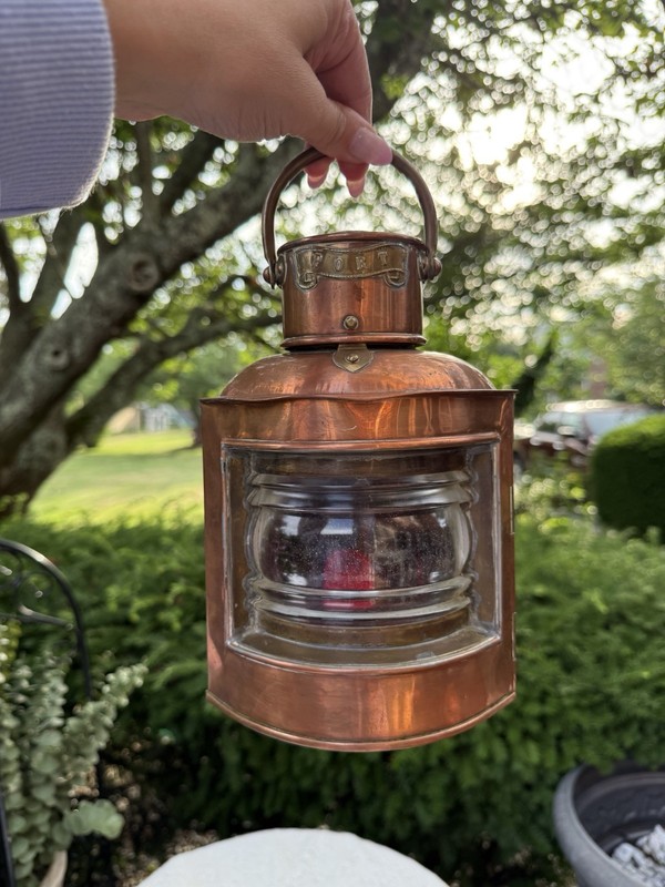 Vintage Copper Port Ship Navigation Lantern Red Fresnel Lens Oil Lamp Maritime