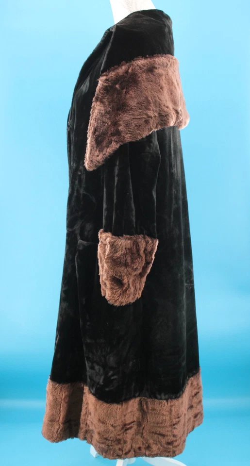 Casaco de veludo preto antigo feminino antigo do início dos anos 1900 a 1920 com acabamento de pele marrom M/G - Imagem 4 de 4