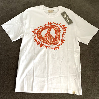 AGTAWH Mens T-Shirt Size 2XL 100% Cotton Peace Sign Embroidered Tee White/Orange