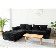 L-Shape Cloud Sectional Sofa w/ Chaise, Black Corduroy, No Assembly